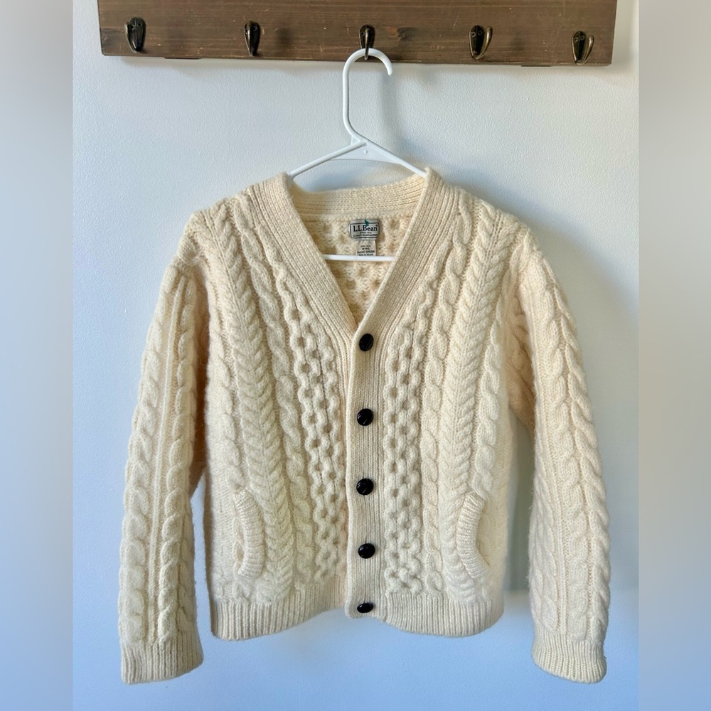 Vintage LL Bean Cable Irish Fisherman Cardigan Wool Made in Ireland Size Medium